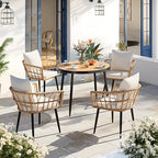 Pamapic 5-Piece Outdoor Dining Set, All-Weather PE Rattan Outdoor Furniture Set with Wood Table Top, Patio Dining Set with Cushion Chairs & Round Table for Garden, Lawn, Patio (Yellow & White)