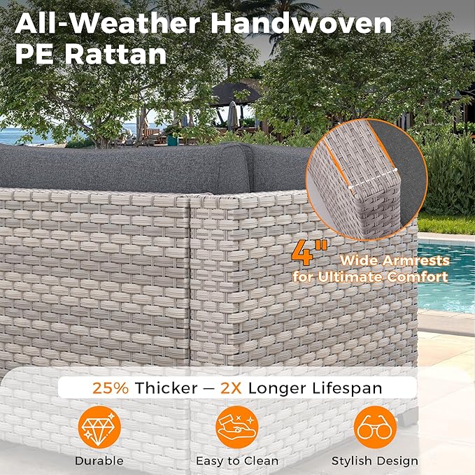 10-Seat Outdoor Wicker Patio Furniture Set with Fire Pit Table, Modular Rattan Sectional Sofa & 2 Swivel Rocking Chairs, 4" Thick Cushions, Rust-Resistant Frame,Black