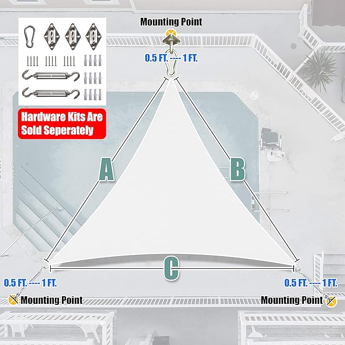 Amgo Custom Size 13' x 13' x 13' White Triangle Sun Shade Sail UPF50+ AGTAPRT12, Order to Make Canopy Awning, 95% UV Blockage, Water & Air Permeable, Commercial Standard (We Customize)