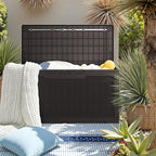 JUMMICO 100 Gallon Resin Deck Box with Cushion, Waterproof Outdoor Storage Box with Lockable Lid for Garden Tools, Patio Cushions (Brown)