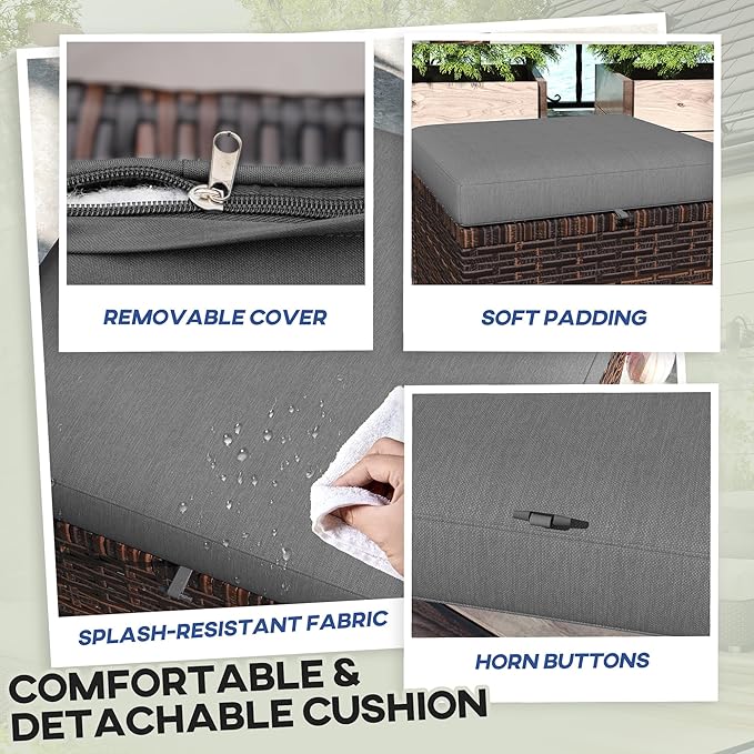 Outsunny 2 Pieces Outdoor Patio Ottomans, All Weather Wicker Outdoor Footstools with Removable Cushions, 3-in-1 PE Rattan Ottoman Seat, Footrest and Side Table for Backyard, Poolside, Gray
