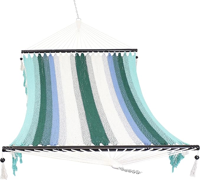 Sunnydaze Woven Double Hammock for Outside with Crocheted Edges and Spreader Bars - 600-Pound Weight Capacity Outdoor Hammock for Trees - Lagoon Stripes