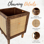 Autumn Alley Rustic Boho Large Indoor Planter - Rattan Planter Boxes Outdoor Set of 2 – Wooden Indoor or Outdoor Plant Box Stands – Decorative Square Woven Rattan Flower Pots for Home & Office