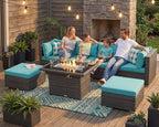 NICESOUL 29.3'' High-Back Outdoor Patio Furniture Set with Firepit Propane & Natural Gas, Oversized Deep Seat Rattan Conversations for Tall People, 7 Piece Couches, 2 Color Cushions Turquoise & Grey