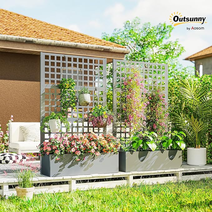 Outsunny Galvanized Raised Garden Bed with Trellis, Metal Planter Box with Drainage Holes, Outdoor Privacy Screen for Climbing Plants, Vegetable, Vines, 43" x 16" x 70", 2 Pack, Gray Wood Effect