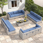12-Seat Modular Patio Furniture Set – Outdoor Wicker Sectional Sofa with Thick 4″ Cushions, Dual-Strand PE Rattan, Rust-Resistant 18 mm Steel Frame, Backyard Garden Deck Lounge,Navy