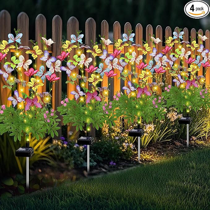 Solar Garden Lights Outdoor Waterproof,4 Packs Solar Swaying Butterfly Lights Decor,Gardening Butterfly Gifts for Mom Women,Solar Flowers Plant Lights Decorative Stakes for Yard Patio Lawn Pathway