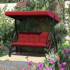 U-MAX Porch Swing Chair with Adjustable Backrest&Canopy, 3 Seat Patio Swing with Canopy 2-in-1 Convertible Outdoor Swing with Canopy Patio Daybed with Removable Burgundy Cushions