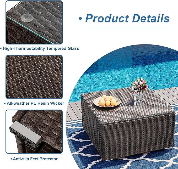 COSIEST Outdoor Furniture Brown Wicker Glass-Top Coffee Table for Expanding Sectional Sofa Set for Garden, Pool, Backyard