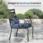 PHI VILLA 5 Pieces Outdoor Dining Set for 4, 37" Square Metal Table with Umbrella Hole & Wrought Iron Chairs, All Weather Large Outside Furniture with Blue Cushions & Pillows for Patio, Deck, Porch