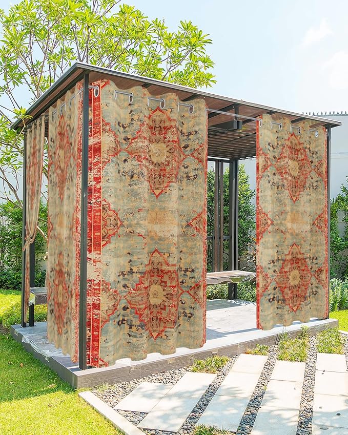 Boho Outdoor Curtains for Patio Waterproof, Grommet Privacy Curtain Drapes Weatherproof Outside Curtains for Porch GazeboPergola Cabana 2 Panel 54x95inch Rustic Bohemian Floral Tribal Orange