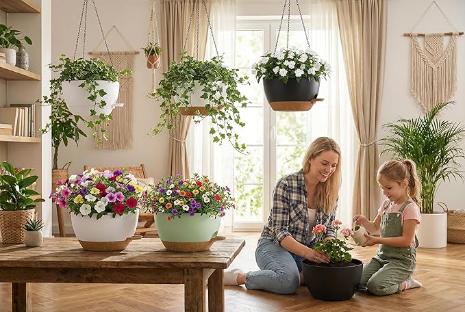 Hanging Planters, 3-Pack 10 Inch Self-Watering Pots with Drainage Holes and Chains, Matte Plastic Planters for Indoor/Outdoor Plant（White）
