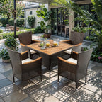RoyalCraft 5 Piece Patio Wicker Dining Sets for 4, Water-Resistant Rattan Outdoor Dining Table and 4 Chairs with Wood Table Top, Conversation Set for Deck, Garden, Backyard, Removable Cushions, Brown