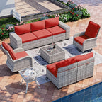 9-Piece Outdoor Patio Furniture Set with Rocking Swivel Chair Wicker Sectional Sofa Set, Patio Conversation Set with Thickened Cushions & Coffee Table for Garden, Backyard, Red