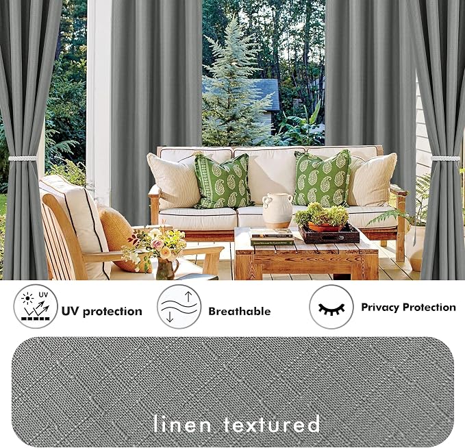 Outdoor Curtains Light Grey Waterproof Linen Panels 110 x 84 Inch