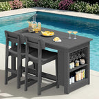 SERWALL 3-Piece Outdoor Counter Height Bar Set, HDPE Patio Bar Table with Wine Rack & Storage Shelf, 2 All-Weather Bar Stools, Patio Bar Dining Furniture Set for 3, Grey