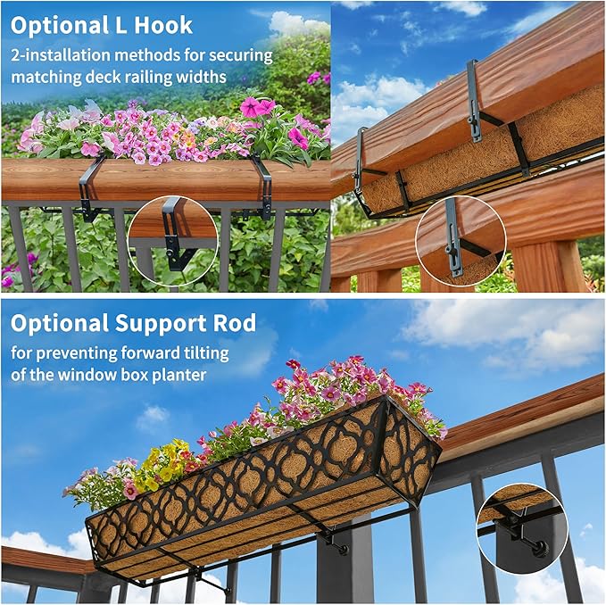4pcs 24 Inch Window Deck with Coco Liner, 24" Window Boxes Horse Trough with Coconut Coir Liner, Metal Hanging Flower Planter Window Basket Deck Railing Planter Boxes for Outdoor Indoor Lawn
