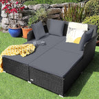 HAPPYGRILL Outdoor Rattan Daybed Patio Loveseat Sofa Set with Padded Cushion Pillows and Sturdy Aluminum Foot Wicker Patio Furniture for Garden Porch Poolside