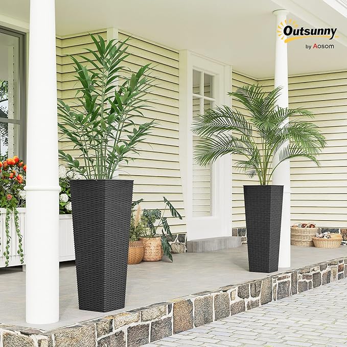 Outsunny 32 Inch Tall Planters for Outdoor Plants, Set of 2 Plastic Rattan-Like Flower Pots with Drainage Holes, Stackable Tapered Planters for Indoor Plants, Front Porch, Black