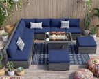 NICESOUL 10 Piece L-Shaped Outdoor Furniture Conversation with Fireplace Natural Gas/Propane, 29.3'' High Back Oversized Rattan Sofa Couch, Wide Deep Seated Patio Sectional, 2 Color Cushion Navy&Grey