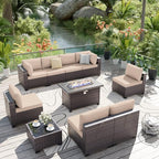 ALAULM 10 Pieces Patio Furniture Set with Propane Fire Pit Table Outdoor Sectional Sofas Patio Conversation Sets 43" Gas Fire Pit Brown PE Rattan Wicker w/8 Seat Cushions-Sand