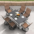 NUU GARDEN Patio Dining Set 7 Pieces Outdoor Dining Set for 6 Patio Swivel Chairs Textilene with 1 Metal Large Dining Table 6 Person Patio Set for Lawn Garden Deck, Brown and Black