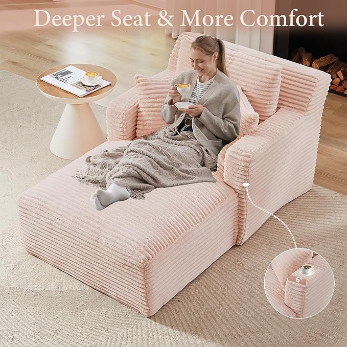 65.4" Chaise Lounge Chair Indoor, Oversized Boneless Couch Comfy Upholstered Sleeper Sofa Bed with 3 Pillows, Corduroy Cloud Reading Chair for Living Room No Assembly Required, Pink