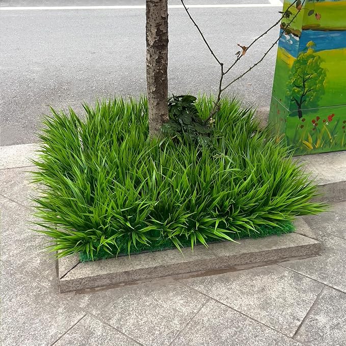alyptus Artificial Grass Outdoor 12 Bundles Fake Plants Outside Green Onion Faux Greenery Shrubs for Front Porch Planters Pot Décor for Outdoors (Grass)