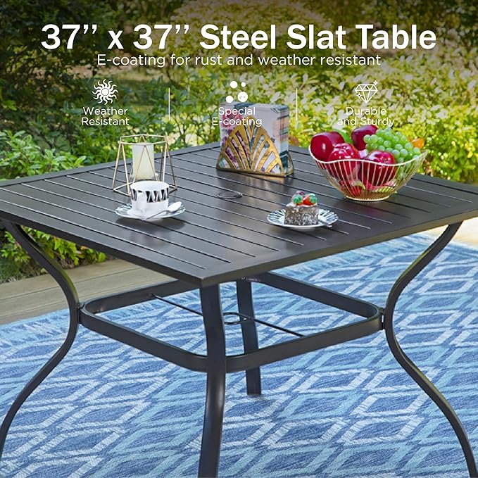 PHI VILLA 5 Pieces Outdoor Dining Set for 4, 37" Square Metal Table with Umbrella Hole & Wrought Iron Chairs, All Weather Large Outside Furniture with Red Cushions & Pillows for Patio, Deck, Porch