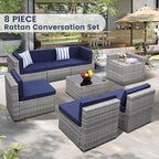 8-Piece Patio Furniture Set, Outdoor Wicker Rattan Sectional with Thick Cushions, Glass Top Table with Hidden Storage, Outdoor Conversation Set for Backyard, Porch, Patio, Blue