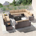 Kullavik 13PCS Outdoor Patio Furniture Set with 43" 55000BTU Gas Propane Fire Pit Table PE Wicker Rattan Sectional Sofa Patio Conversation Sets,Sand