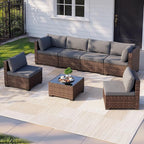 7 Pieces Patio Furniture Set, Outdoor Sectional Rattan Sofa Set, Wicker Patio Conversation Set with Cushions and Glass Coffee Table, for Balcony, Porch, Garden, Grey