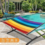 Lazy Daze Hammocks 10.5 FT Double 2 Person Caribbean Rope Hammock, Hand Woven Polyester Hammock with Spreader Bars, for Outside Outdoor Backyard Patio Poolside, 450 LBS Capacity, Rainbow