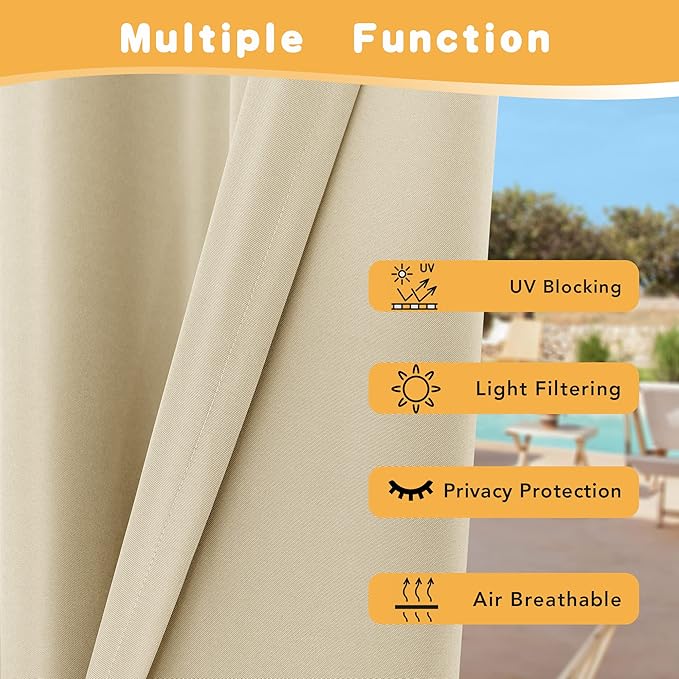HolidayIdeas Extra Wide Outdoor Curtains for Patio Waterproof, 4 Panels - 110 x 84 Inch - Privacy & Light Filtering Curtains Cream Grommet Outside Curtains for Porch, Gazebo, Pergola, Backyard