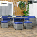 Outsunny Wicker Outdoor Patio Furniture Set, L-Shaped 7 Piece Outdoor Dining Sectional Sofa with Dining Table and Chair, Storage Loveseat, Ottomans and Cushions, Dark Blue