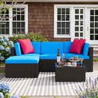 Devoko 5 Pieces Patio Furniture Sets All Weather Outdoor Sectional Patio Sofa Manual Weaving Wicker Rattan Patio Seating Sofas with Cushion and Glass Table (Blue)