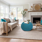 COTTON CRAFT Round Pouf - Hand Knitted Cotton Braid Cord Cable Dori Floor Pouf - Foot Stool - Ottoman Footrest Accent Seat Furniture Bean Bag - Living Room Kids Room Nursery Dorm Décor - 20x14 - Teal