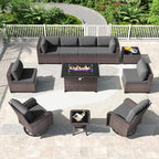 Kullavik 11 Pieces Outdoor Patio Furniture Set,PE Wicker Rattan Sectional Sofa Patio Conversation Sets with 43" 55000BTU Gas Propane Fire Pit Table,Swivel Rocking Chairs Set,Grey
