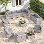 10-Seat Modern Patio Furniture Set with Swivel Rocking Chairs, Thick 4″ Cushions, Dual-Strand Wicker Rattan, Rust-Resistant Steel Frame – Outdoor Conversation & Modular Sectional,Gray
