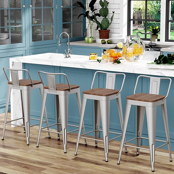 WENTMENT Bar Stools Set of 4 Counter Height Stools with Removable Back 24" Kitchen Bar Stools with Wooden Seat, Silver