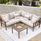 Patio Furniture Set, 6 Pieces Outdoor Couch Sectional, L Shaped Patio Sofa, Metal Patio Couch Sectional with Side Table, Outdoor Seating Conversation Set, Beige
