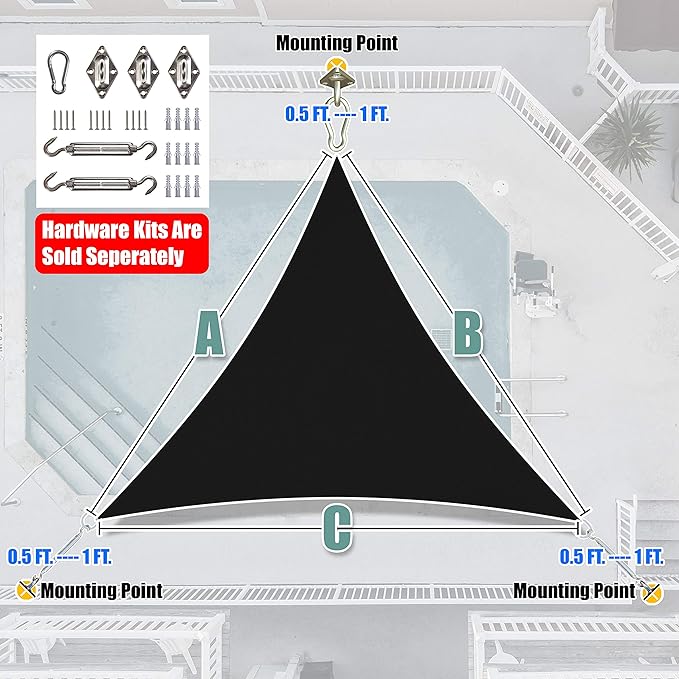 Amgo Custom Size 21' x 21' x 21' Black Triangle Sun Shade Sail Order to Make Canopy Awning UPF50+ AGSLT, 95% UV Blockage, Water & Air Permeable, 200GSM Commercial Standard (We Customize)
