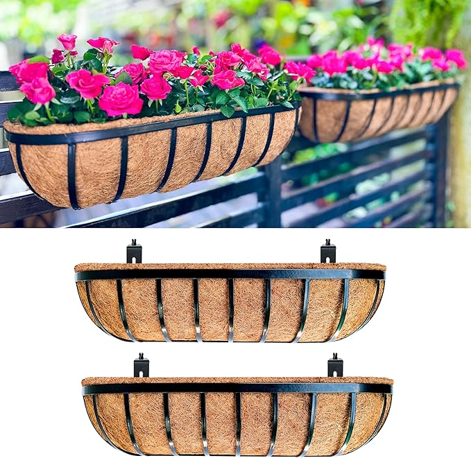 LaLaGreen Railing Planters Box (2 Pack, 30") Black Metal Large Rectangular Window Flower Box with Coco Liner, Wall Hanging Planter for Outdoor Plants Deck Rail Horse Troughs Fence Balcony Porch Garden