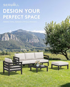 SERWALL HDPE Patio Furniture Set, 2 Pieces Outdoor Sectional Sofa Set, All-Weather Wood-Like Outdoor Sofa Couch with Coffee Table for Deck, Lawn, Black Frame with Khaki Cushion