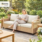 Outsunny Outdoor Patio Couch with Wide and Deep Seat, 3 Seater Wicker Outdoor Sofa with Wide Metal Armrests, Patio Furniture Couch with Cushions for Porch, Garden, Backyard, Beige | Removable Covers