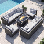 NICESOUL 9 Piece Outdoor Patio Furniture Set with Fire Pit Table Dual Natural Gas & Propane, 29.3'' High Back Extra Large Comfy Wicker Conversations, Deep Wide Modular Couches for Garden, Light Grey