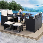 Tangkula 9 Piece Patio Dining Set, Rattan Chairs with Tempered Glass Table & Ottoman, Space Saving Wicker Sectional Conversation Set with Removable Cushions, Outdoor Furniture for Backyard Garden Deck
