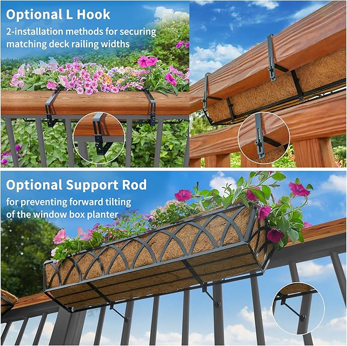 Y&M 30 Inch Window Deck with Coco Liner, Fence Metal Hanging Flower Planter Window Basket Deck Railing Planter Boxes for Outdoor Garden Lawn,6pcs