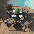 5-Piece Patio Dining Set for 4, Outdoor Dining Set with 4 Wicker Patio Dining Chairs with Cushions & 1 Black Square Woodgrain Dining Table with 1.75" Market Umbrella Hole, Black & Brown