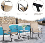 Vongrasig 3 Piece Outdoor Rocking Bistro Set, Textilene Fabric Small Patio Furniture Set, Front Porch Rocker Chairs Conversation Set with Glass Table for Lawn, Garden, Balcony, Poolside (Brown)